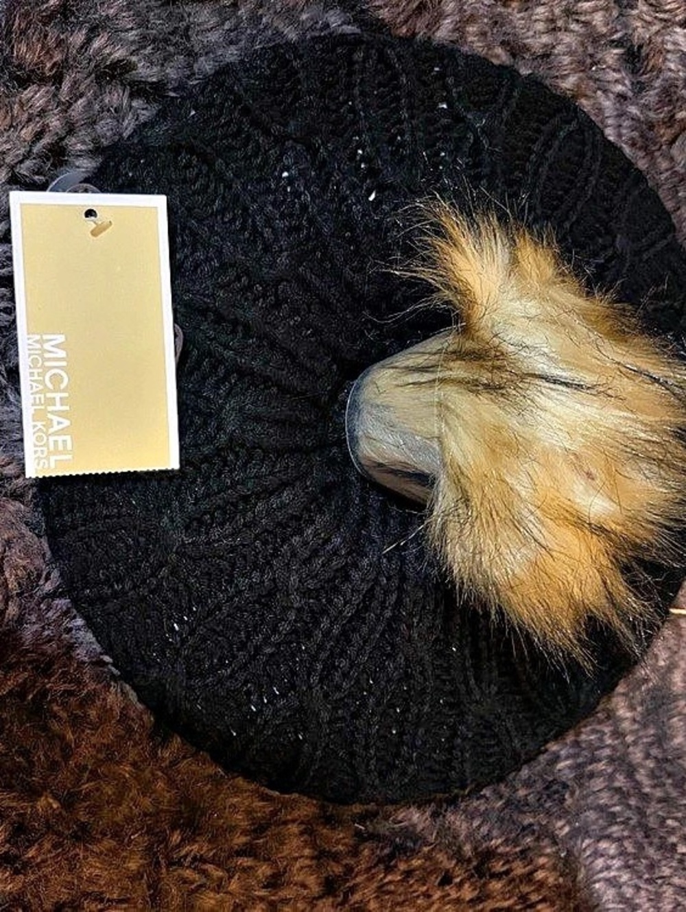 Michael Kors pom-pom knit hat in Black & Brown NWT